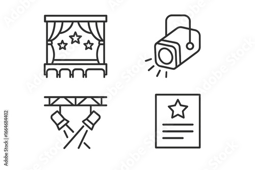 Theater and entertainment line icon set. Stage with curtains, spotlights, lighting rig, and show ticket. Performance, concert, and event concept vector symbols. Outline pictogram.