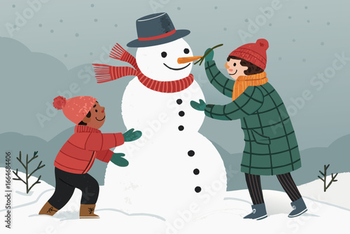 Kids happily building a snowman with a carrot nose.