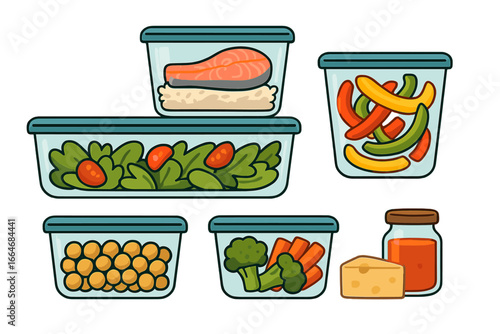 Meal prep containers set with healthy food for diet planning. Vector illustration of organized food storage with salmon, salad, and vegetables. Batch cooking concept.