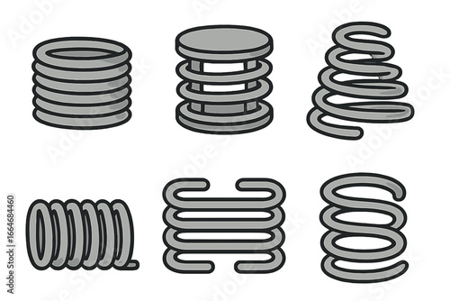 Metal springs and coils vector icon set. Collection of various mechanical spiral shapes. Industrial engineering concept of flexibility, pressure, tension, resilience and rebound.