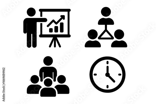 Professional skills glyph icon set. Business development concepts like presentation, data growth, networking, teamwork, leadership, and time management. Solid vector pictograms.