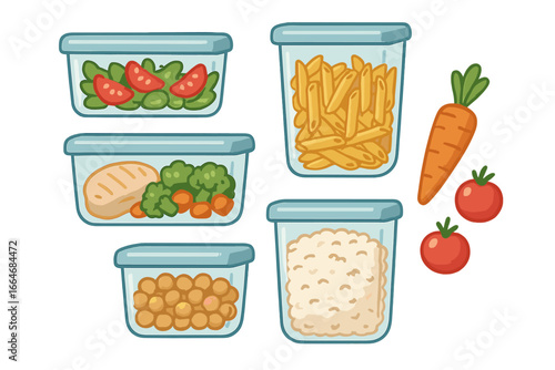 Meal prep containers set for food storage. Healthy eating & diet lunch box collection with chicken, vegetables, pasta, salad, rice. Kitchen organization, batch cooking. Vector.