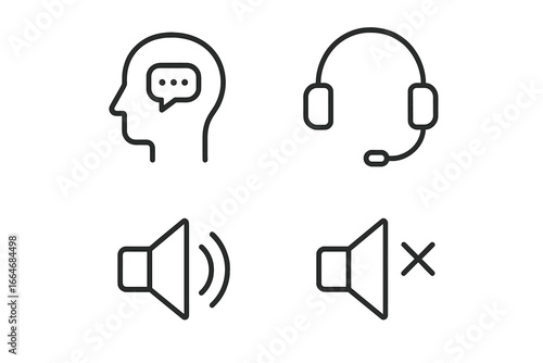 Audio and communication outline icons set. Headset for customer support, sound on and mute speaker pictogram. Human head with chat bubble symbol for thinking or talking.
