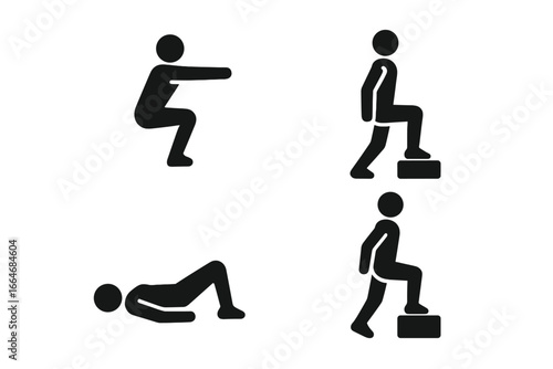 Bodyweight workout lower body exercise icon set. Fitness pictogram collection with squat, lunge, glute bridge, step-up. Home gym training vector symbols for wellness.