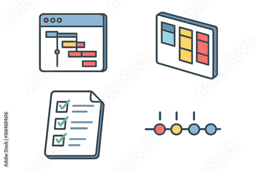 Project management isometric icon set. Gantt chart, Kanban board, checklist, and timeline roadmap. Vector for business planning, task organization, agile, scrum, and workflow.