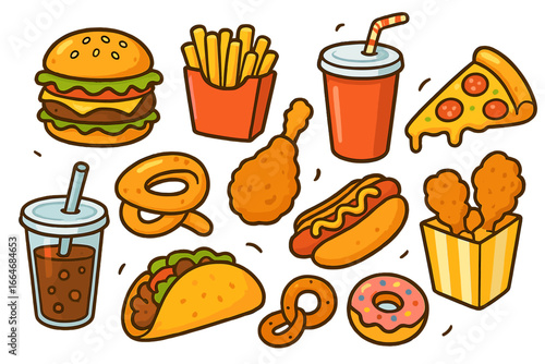 Fast food vector icon set. Cartoon collection of junk food items like hamburger, pizza, french fries, hot dog, taco, donut, fried chicken and soda. Isolated takeaway meal.