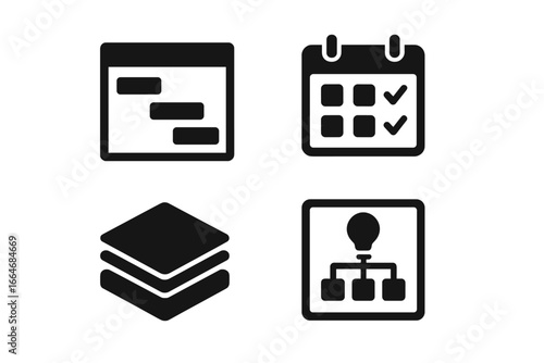 Project planning solid glyph icon set. Business management symbols. Gantt chart for schedule, calendar with tasks, document layers, and workflow strategy pictogram.