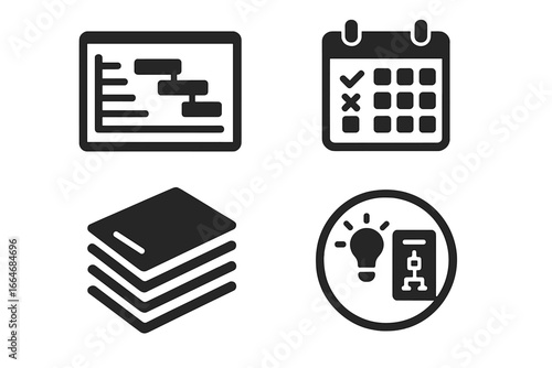 Project management icons set. Gantt chart for timeline and schedule planning. Calendar for tasks and deadlines. Workflow strategy, documentation files and business process.
