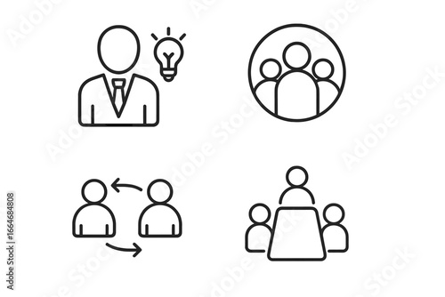 Business and teamwork outline icons. Set of linear symbols for corporate collaboration, office meeting, new idea, and communication. Vector pictogram collection isolated.