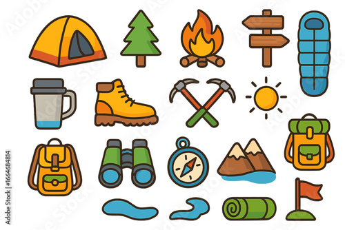 Camping icon set. Outdoor adventure, hiking equipment elements. Nature travel symbols. Vector cartoon doodle illustration of tent, mountain, campfire, backpack, compass.