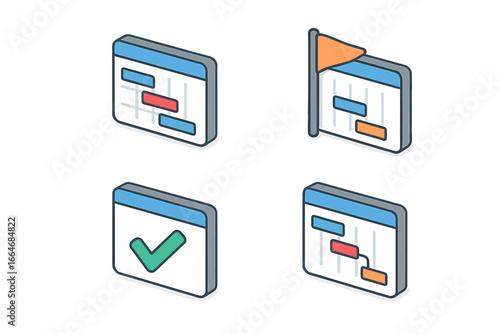 Project management isometric icon set. Gantt chart for business planning and task scheduling. Workflow organization, process milestone tracking, and dependency concepts vector.