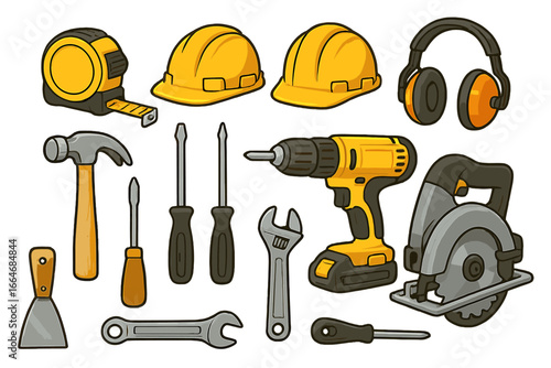 Construction tools and safety equipment icon set. Vector cartoon collection for building, repair, and DIY projects. Isolated builder kit with hard hat, drill, saw, hammer.