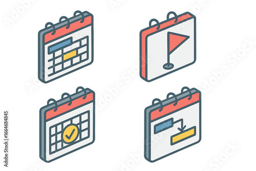 Isometric project timeline icon set. Vector symbols for business planning, Gantt chart, milestone, and task dependency. Calendar schedule and deadline management signs.