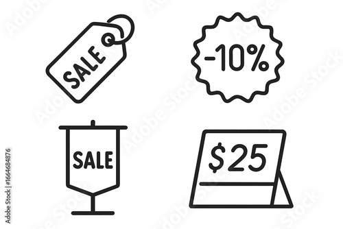 Sale and discount vector icon set. Outline symbols for retail promotion and marketing. Price tag, discount badge, promotional stand, and price card for shopping advertising.