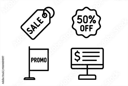 Promotional icon set. Outline icons of sale tag, discount badge, promo stand, and online shopping. Vector illustration for marketing, retail, e-commerce, special offer.
