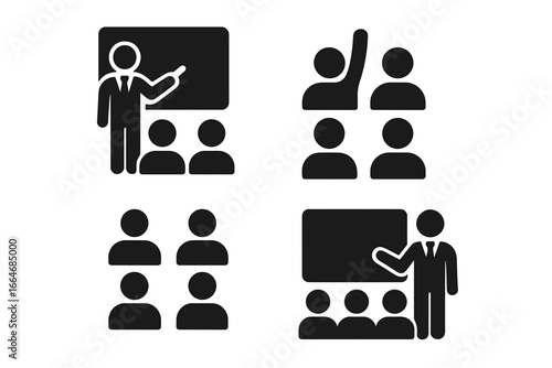 Classroom teaching icon set. Vector symbols of teacher at blackboard, student raising hand, lecture, and lesson. Education, training, and presentation pictogram collection.