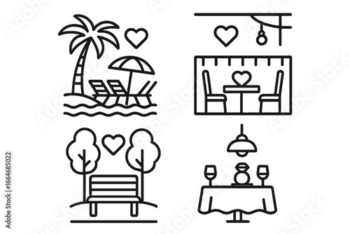 Romantic proposal icon set. Vector outline icons for marriage engagement or date night locations. Includes beach, rooftop terrace, park bench, and restaurant dinner concepts.