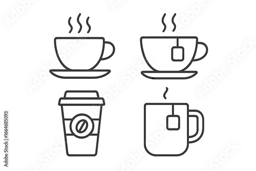 Coffee and tea outline icons set. Hot beverage and drink symbols for cafe menu. Vector line art of coffee cup, mug, teacup with teabag and takeaway paper cup illustration.