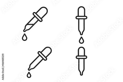 Dropper icon set. Pipette with drop line art collection. Medicine dose symbol. Laboratory research tool. Tincture, serum or essential oil liquid sign. Vector icons.
