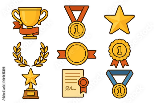 Gold award icon set. Winner and champion symbols. Trophy, medal, prize, star, laurel wreath. First place achievement. Victory, success concept. Vector certificate for competition.