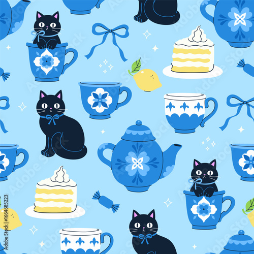 Tea party seamless pattern with black cats and blue tea set. Vector graphics.