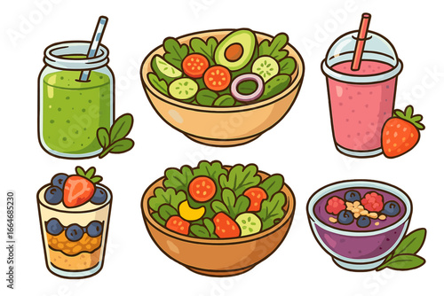 Healthy food cartoon icon set. Vector collection of green smoothie, fresh salad bowl, fruit shake, parfait dessert, and acai berry bowl for diet, nutrition or detox concept.