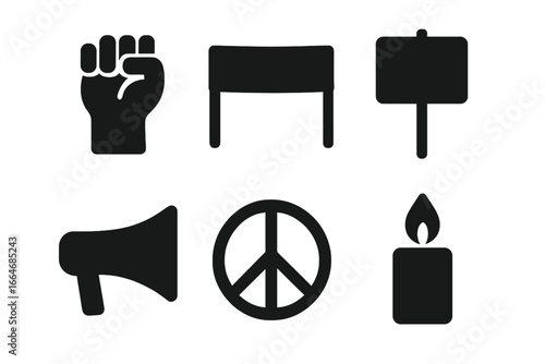 Collection of protest and activism glyph icons. Raised fist, banner, placard, megaphone for social movement, peace symbol and candle for vigil. Human rights concept.