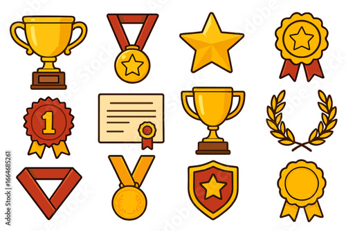 Set of award icons. Golden trophy cup, star, and medals. Winner prize, first place achievement, and victory symbol collection. Champion reward, certificate, and honor.