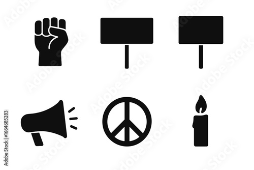 Protest and activism solid glyph icon set. Demonstration and social movement symbols. Raised fist, banner, placard, megaphone, peace sign, candle. Vector silhouette.