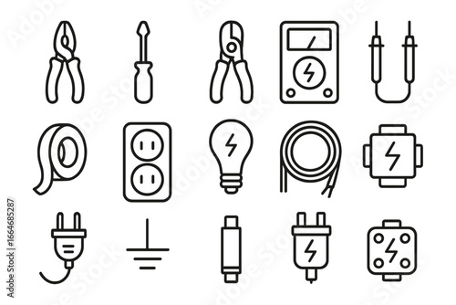 Electrical tools line icon set. Essential electronics and wiring icons. Vector collection of electrician symbols for repair and maintenance. Plug, socket, cable, multimeter.
