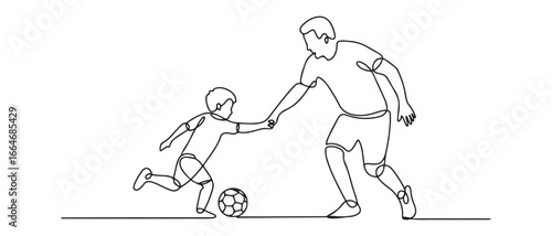 Single one line drawing son playing football with his father. Family time concept. Continuous line draw design graphic vector illustration. Vector black silhouette. with white background