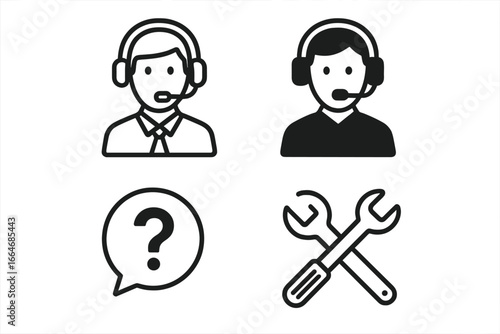 Customer service icons set. Call center agent, help desk operator, FAQ question mark and technical support tools. Vector linear and solid flat symbols for assistance concept.