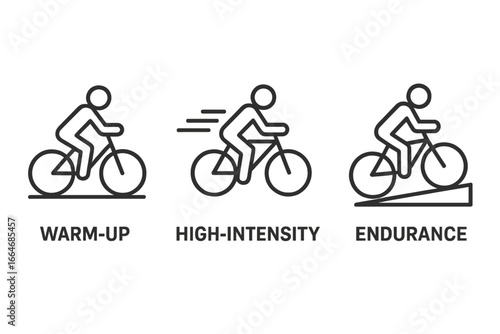 Cycling workout phases icon set. Vector icons for bike training program: warm-up, high-intensity sprint, and endurance climb. Fitness exercise infographic elements.