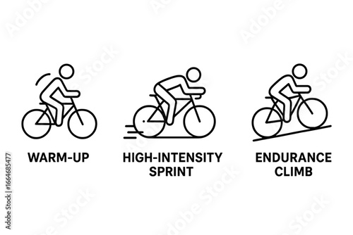 Cycling workout training phases icon set. Vector line pictograms of cyclist warm-up, high-intensity sprint, and endurance climb. Fitness exercise infographic elements.