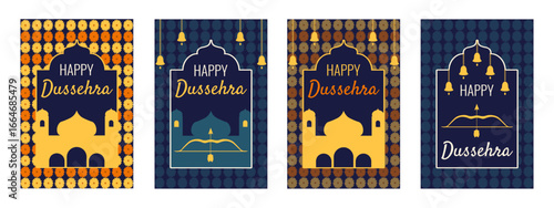 Dussehra greeting card cover set. Vector illustration of indian mosque bells bow and arrow on calendula floral background. Perfect hindu Dussehra poster brochure collection. EPS 10