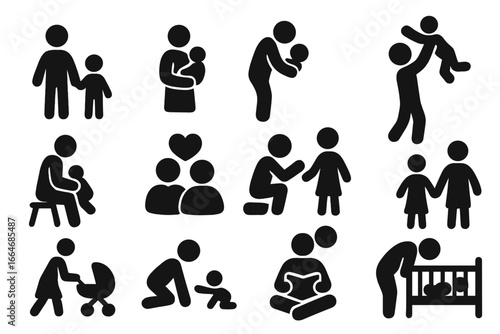 Parenting and Childcare Family Silhouette Icon Set. Mother Father Children Baby Bonding, Child Holding Hands, Playing, Reading, Caring, Newborn Care, Family Activities, Transparent Vector Collection