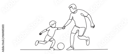 Single one line drawing son playing football with his father. Family time concept. Continuous line draw design graphic vector illustration. Vector black silhouette. with white background