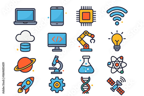Technology and science icon set. Modern flat cartoon vector illustration. Collection of symbols for innovation, research, and development. Includes robot, code, DNA, and cloud.