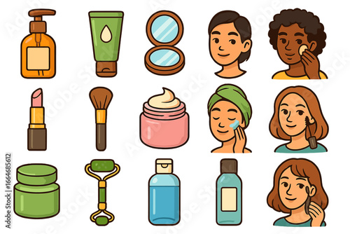 Beauty and skincare icon set. Diverse women with daily routine products. Vector cartoon illustration of makeup, cream, lipstick, lotion, jade roller for personal care concept.