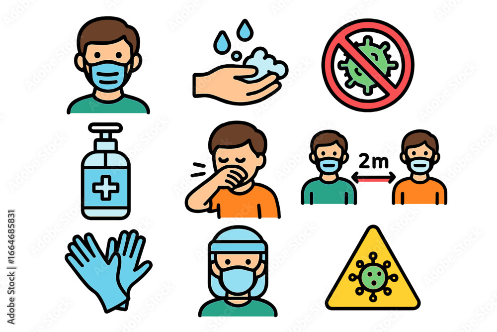 Health and safety icons set. Hygiene and protective measures for pandemic. Face mask, hand washing, sanitizer, social distancing, virus protection vector cartoon illustration. Health and safety icons set. Hygiene and protective measures for pandemic. Face mask, hand washing, sanitizer, social distancing, virus protection vector cartoon illustration.