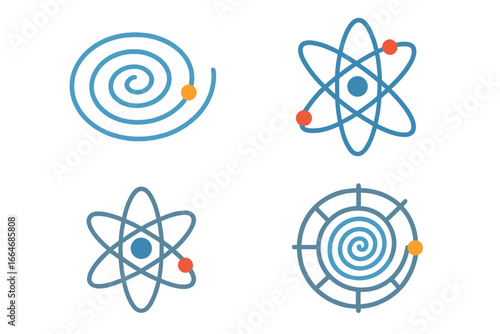 Quantum energy and physics flat icon set. Vector symbols of atom, molecule, electron orbit, and particle spiral. For science, nuclear research, and technology concepts.