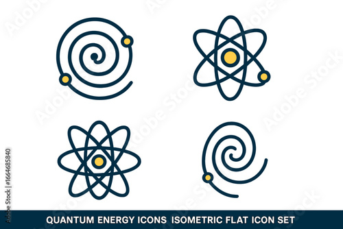 Quantum energy and physics icon set. Atom symbol, electron orbit, particle spiral concept. Nuclear power, molecular structure. Vector illustration flat design line element.