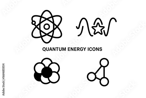 Quantum energy and physics outline icon set. Vector collection of subatomic particles: atom, electron orbit, photon wave, atomic nucleus, quark, molecule. Science symbol.