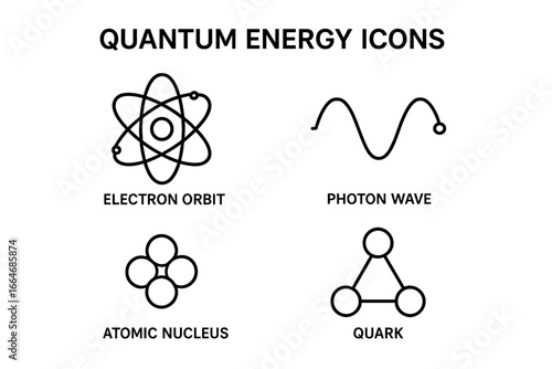 Quantum physics and subatomic energy vector icon set. Outline symbols for scientific concepts like electron orbit, photon wave, atomic nucleus, and quarks. Physics graphic.