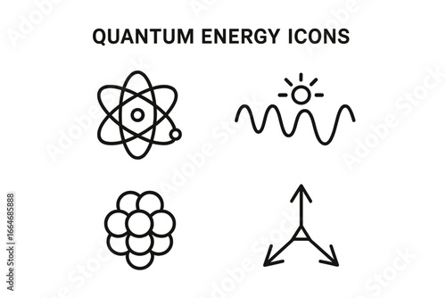 Quantum physics icon set. Subatomic energy and particle icons including atom, electron orbit, photon wave, atomic nucleus, and quark symbol. Science technology vector outline.