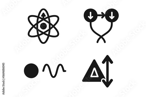 Quantum physics glyph icons. Atom, entanglement, wave-particle duality, uncertainty principle. Quantum mechanics concepts. Nuclear energy, scientific theory vector symbols.