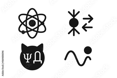 Quantum physics solid icon set. Vector symbols of atom, quantum entanglement, Schrödinger's cat paradox, and wave-particle duality. Science and mechanics concept illustration.