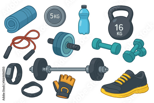 Fitness equipment accessories set. Gym workout elements including dumbbells, kettlebell, jump rope, yoga mat, sport gloves, fitness tracker, water bottle, sneaker. Vector illustration isolated