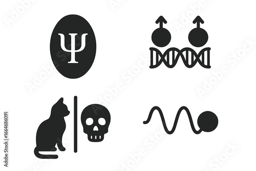 Quantum physics icon set with key concepts. Schrödinger's cat, entanglement, wave-particle duality, and Psi symbol. Solid vector glyphs for science and psychology.