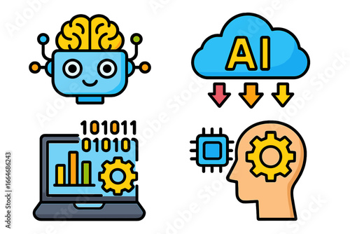 Artificial intelligence icon set. AI, machine learning, data processing and cloud computing concepts. Robot with brain, binary code, processor chip and human mind vector symbols.